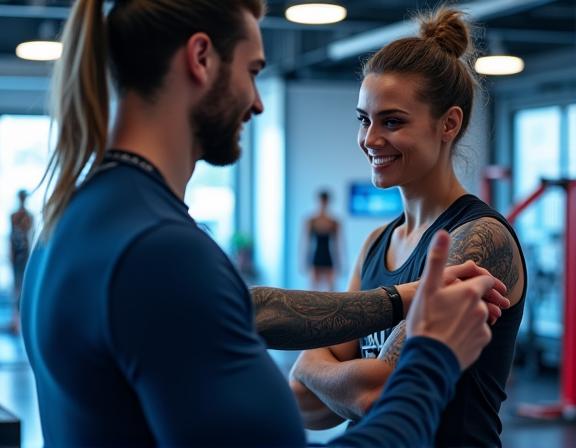 Entrenador personal ajustando un plan de fitness con tecnología wearable en Madrid